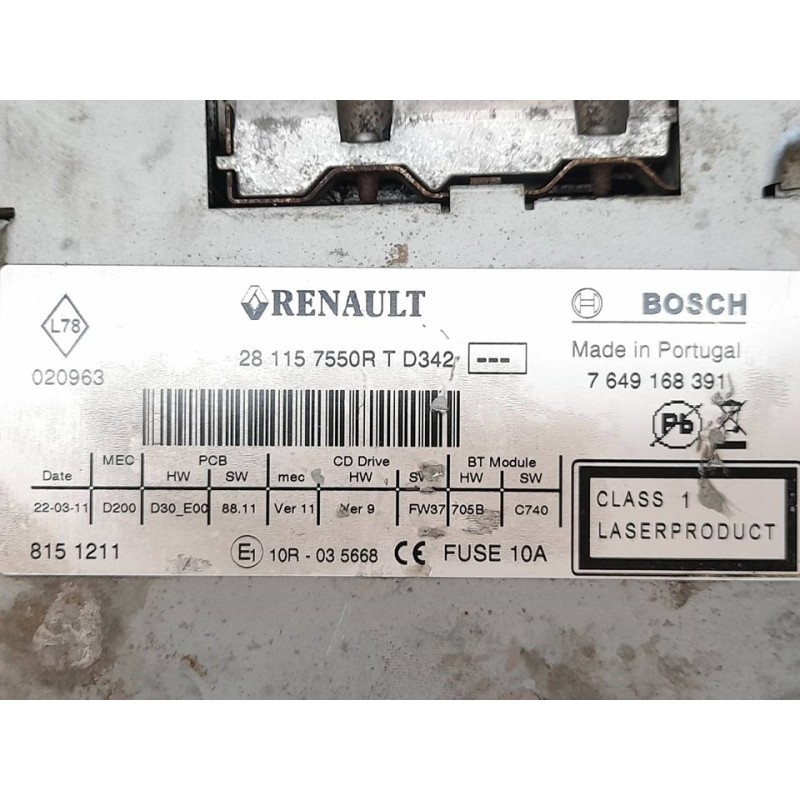 Recambio de sistema audio / radio cd para renault megane iii berlina 5 p emotion referencia OEM IAM 281157550R 2